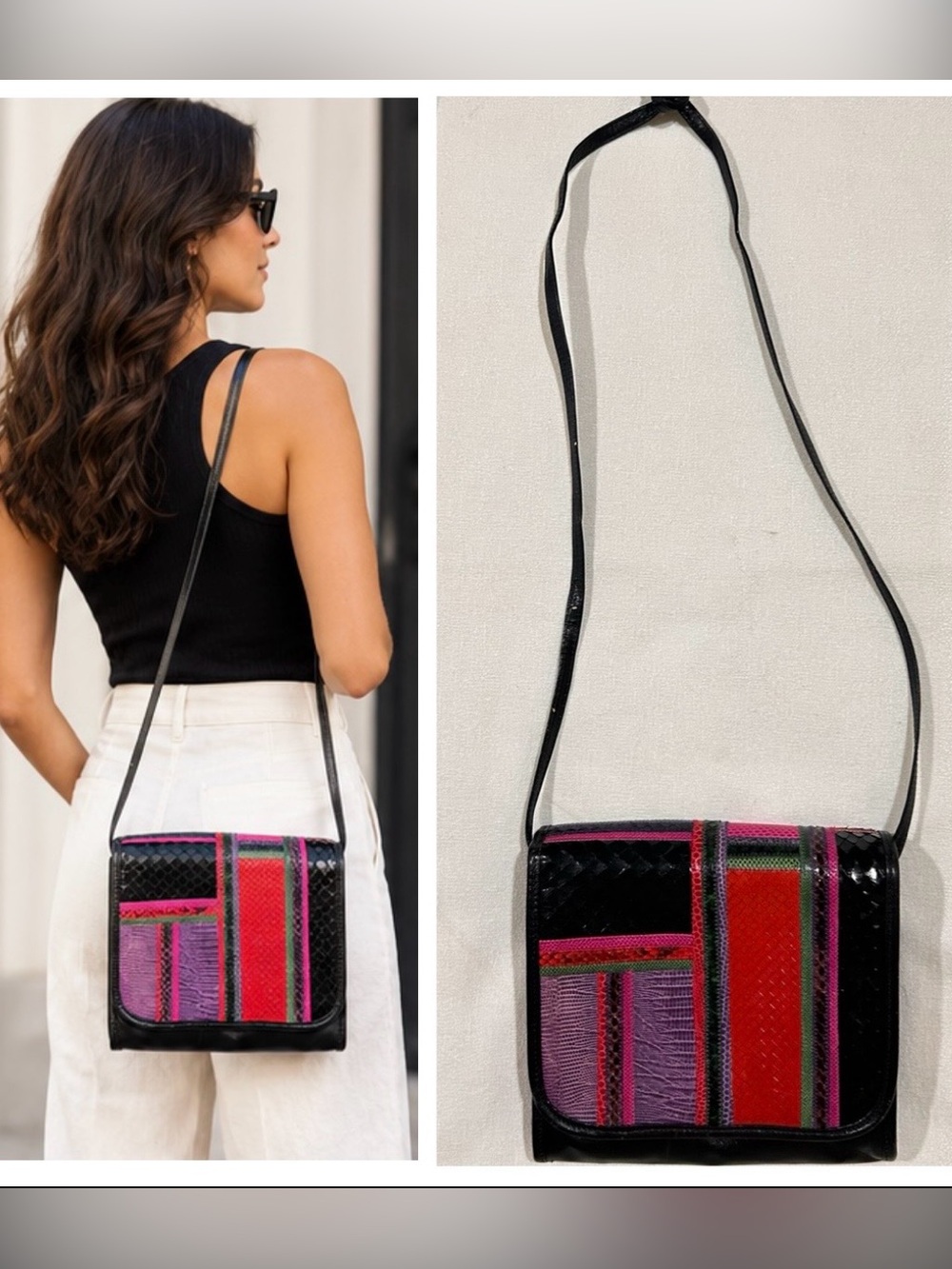 Carlos Falchi Vintage Snakeskin Patchwork Black Leather Multicolor Crossbody Bag